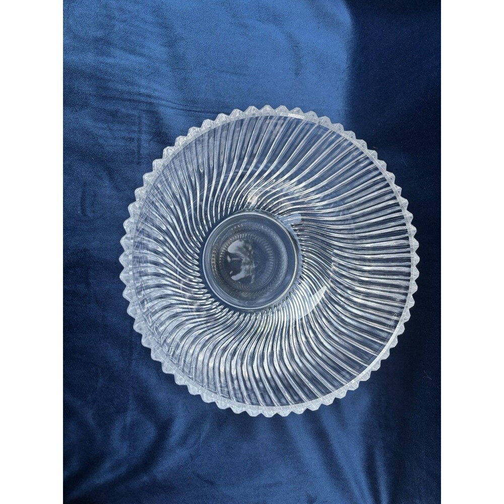 Vintage Clear Ribbed Swirl Glass Serving Bowl Heavy Crystal Style Centerpiece 9” - Picture 3 of 6